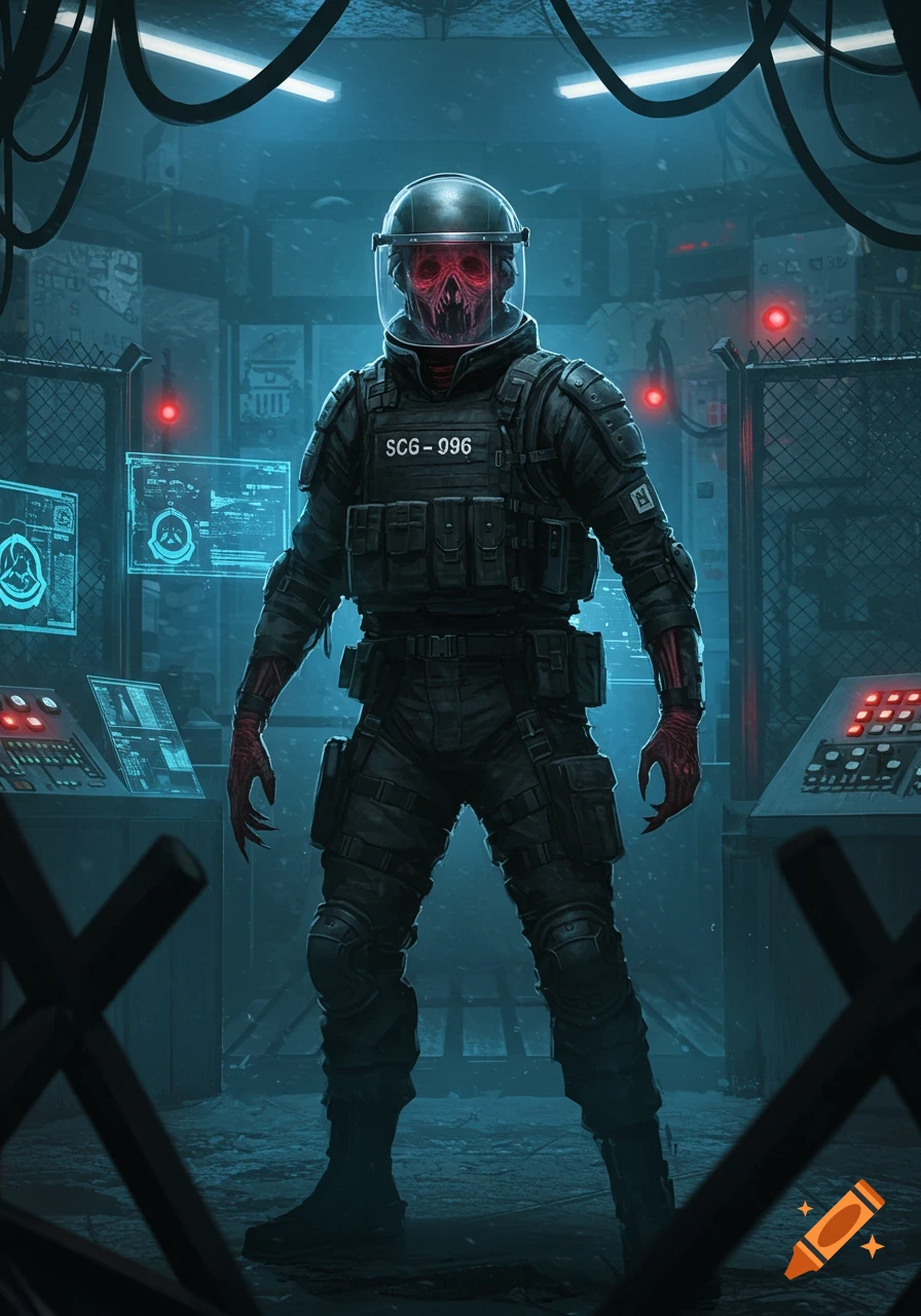 A monstrous figure in tactical gear and a helmet with a clear visor, revealing a red, skull-like face and clawed hands, stands in a dark, futuristic containment room with glowing blue screens.
