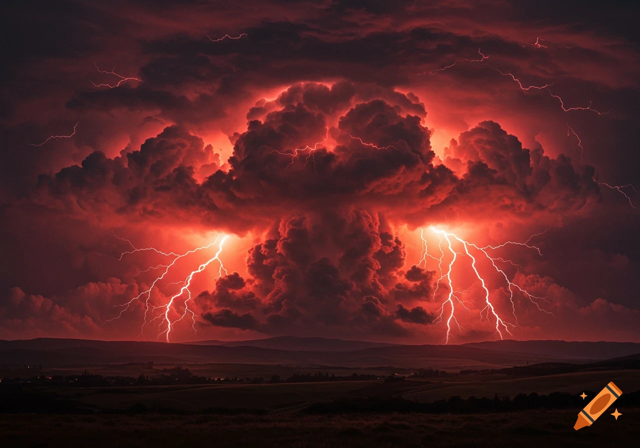 A dramatic stormy sky with vibrant red clouds and bright lightning strikes illuminating a dark landscape at dusk.