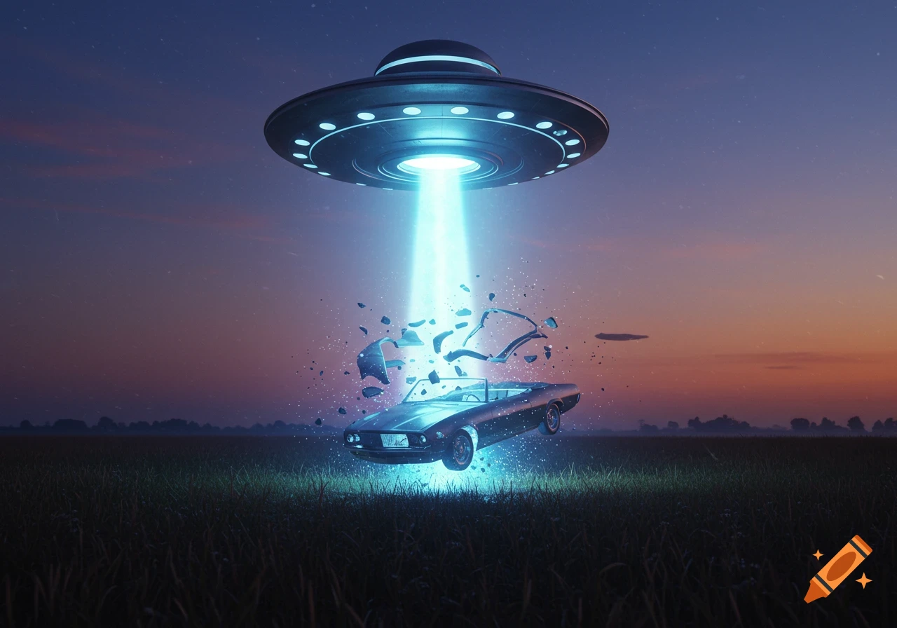 A UFO hovers over a dark field at dusk, emitting a bright blue beam of light that lifts and shatters a classic car.
