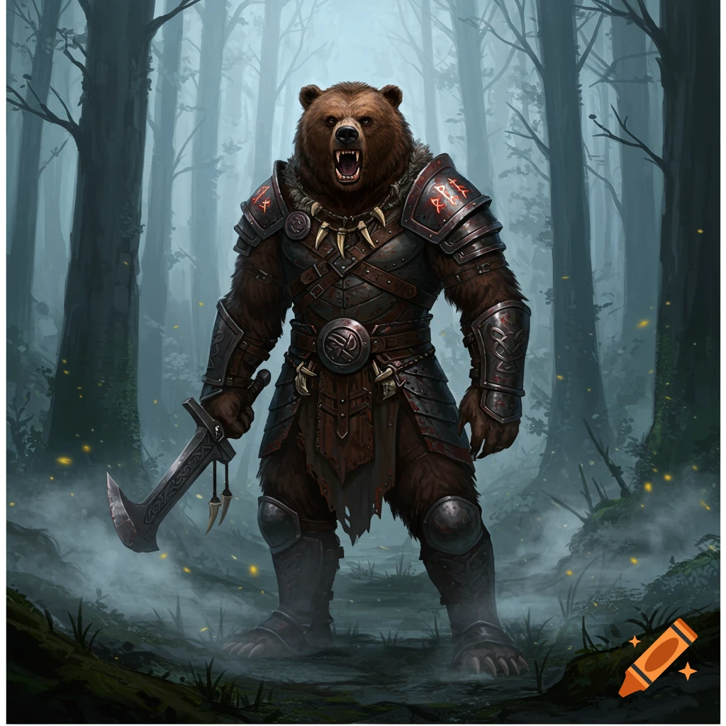 A formidable bear humanoid warrior in intricate armor, holding a sword, stands in a misty forest.