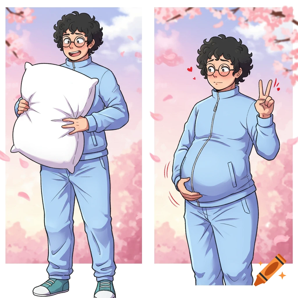 A two-panel cartoon shows a curly-haired male character in a blue tracksuit. In the first panel, he holds a pillow over his stomach. In the second, he blushes with a pregnant-looking belly.
