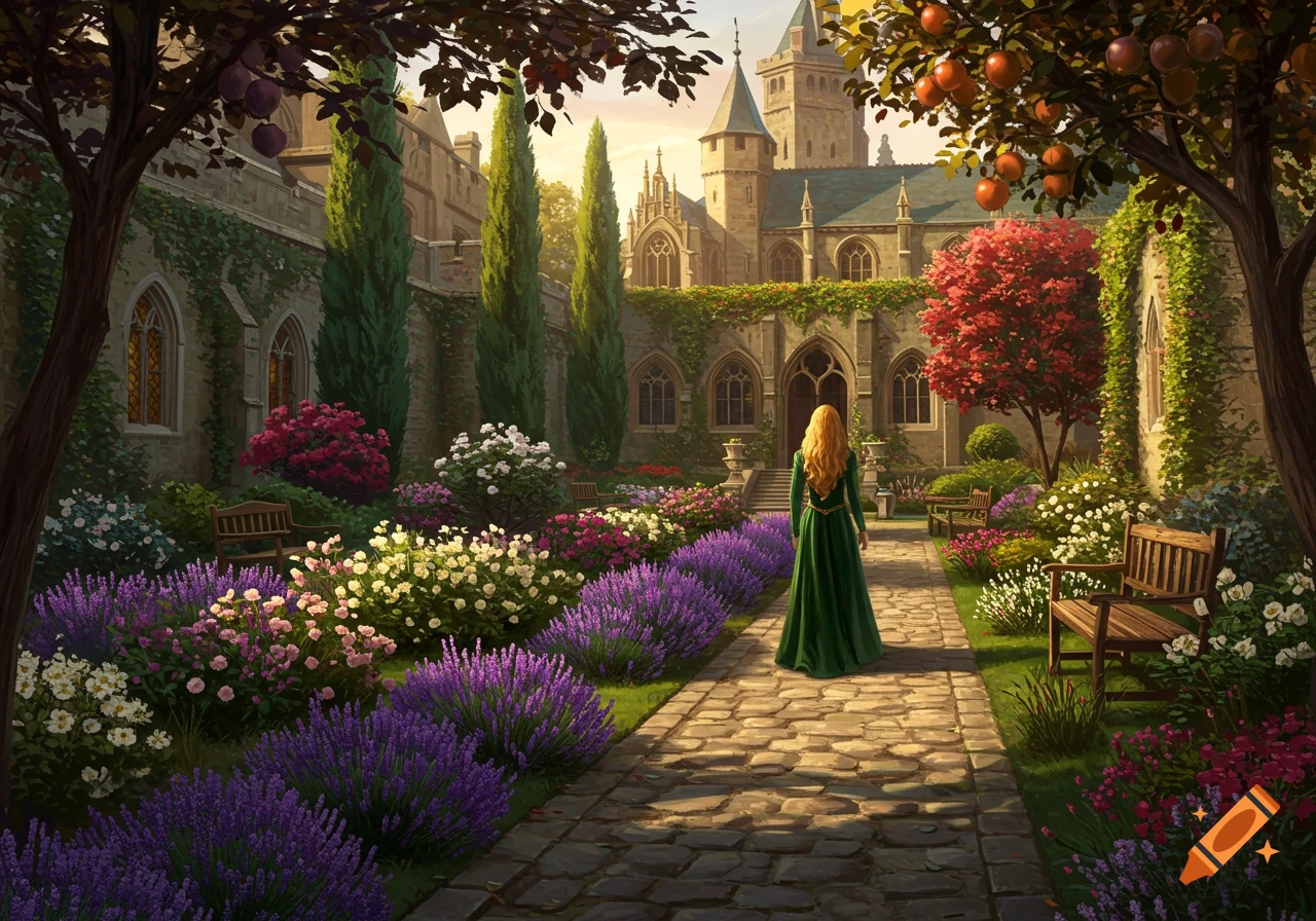 A woman in a green dress walks on a cobblestone path through a colorful castle garden with lavender, flowers, and trees.