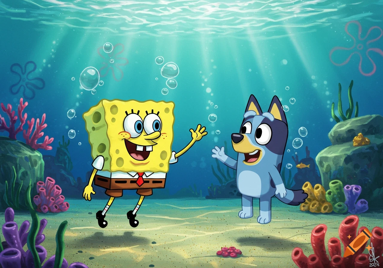 Spongebob SquarePants and Bluey wave at each other underwater with coral and bubbles.