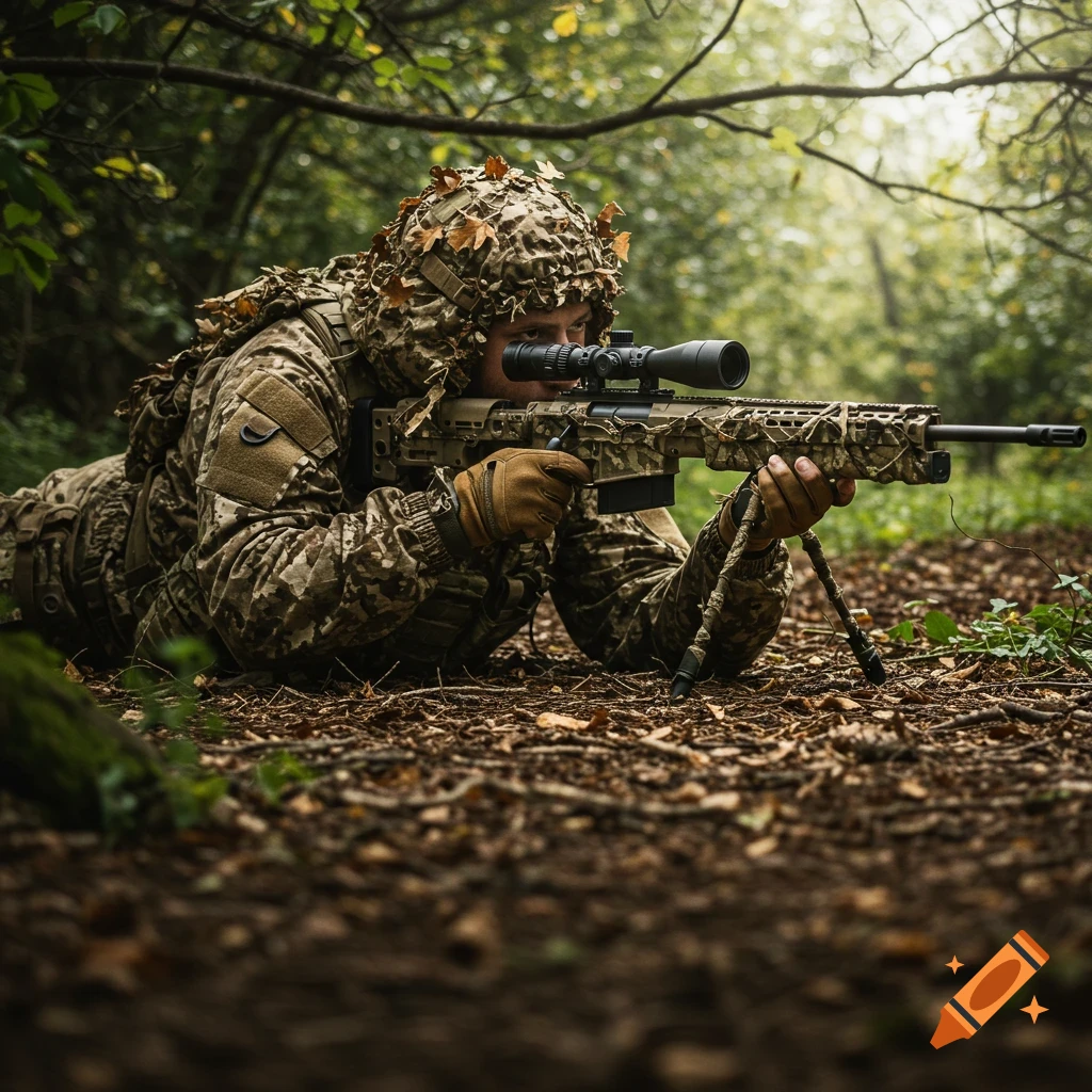 A photorealistic image of a soldier in woodland camouflage lying in a forest, aiming a sniper rifle.