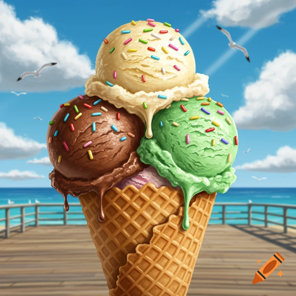 A colorful three-scoop ice cream cone with sprinkles melting on a wooden pier overlooking a sunny blue ocean.