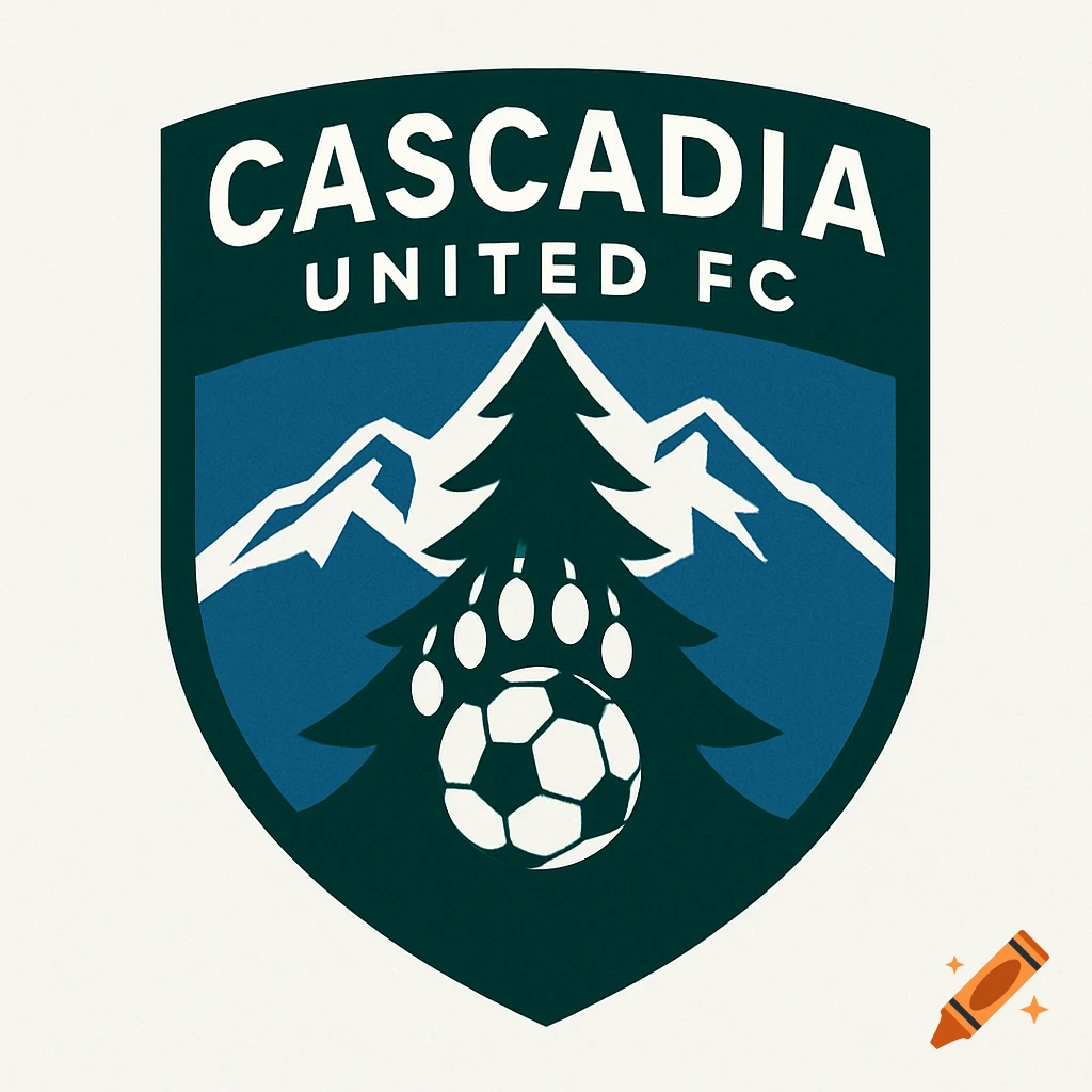 A modern soccer club logo for 'Cascadia United FC' featuring a shield with mountains, an evergreen tree, a bear paw, and a soccer ball.
