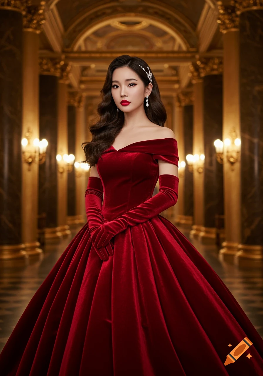A woman in a red velvet ball gown and gloves stands elegantly in a grand palace hallway.