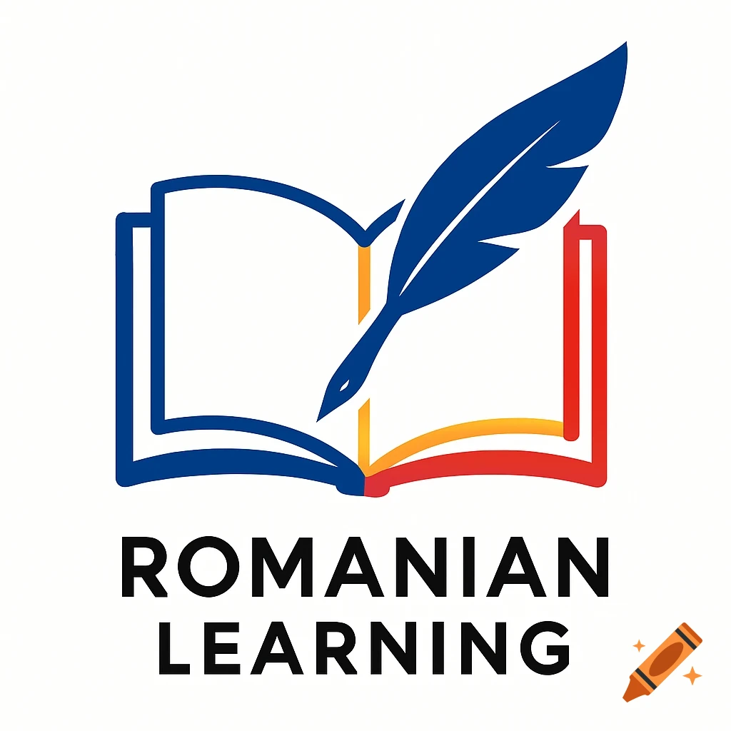 A logo featuring an open book and a blue quill, with the words 'ROMANIAN LEARNING' in black below.