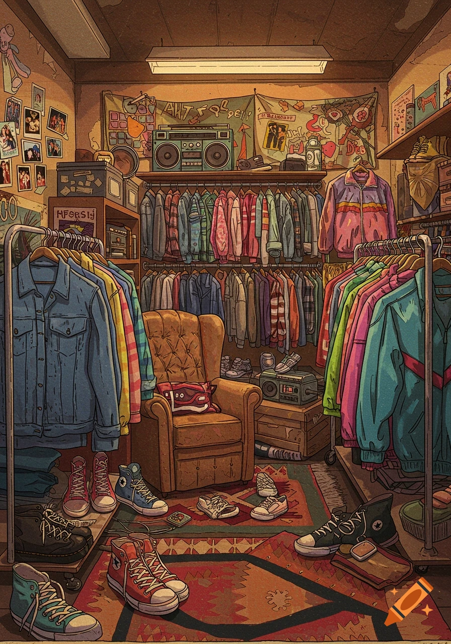Illustrated cozy room filled with 90s fashion: clothes racks, armchair, boombox, and sneakers on a patterned rug.