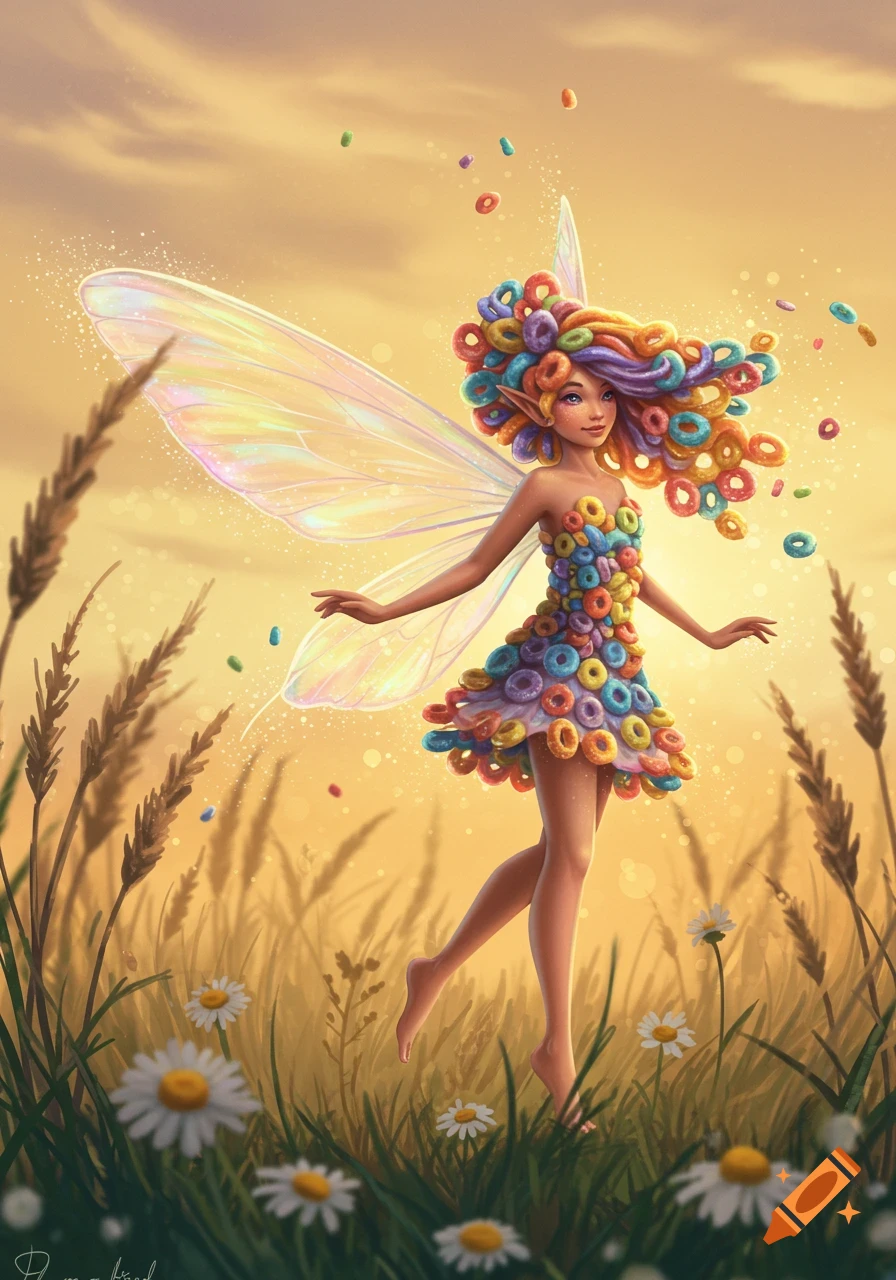 A whimsical fairy made of colorful cereal loops stands in a golden field of grass and daisies at sunset in a digital illustration.