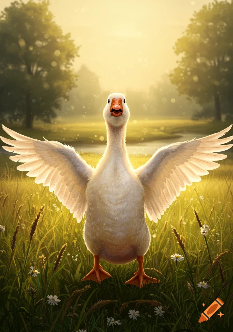 A happy white goose with wings spread wide stands in a sunlit grassy field with small white flowers.