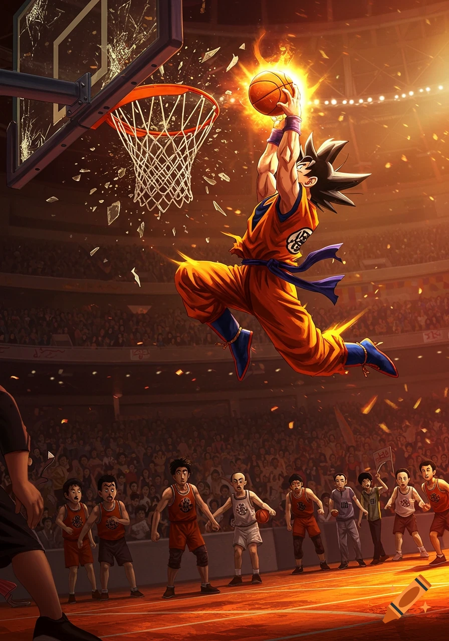 Goku from Dragon Ball Z dunking a flaming basketball, breaking the backboard on a court filled with spectators and other players in an anime style.