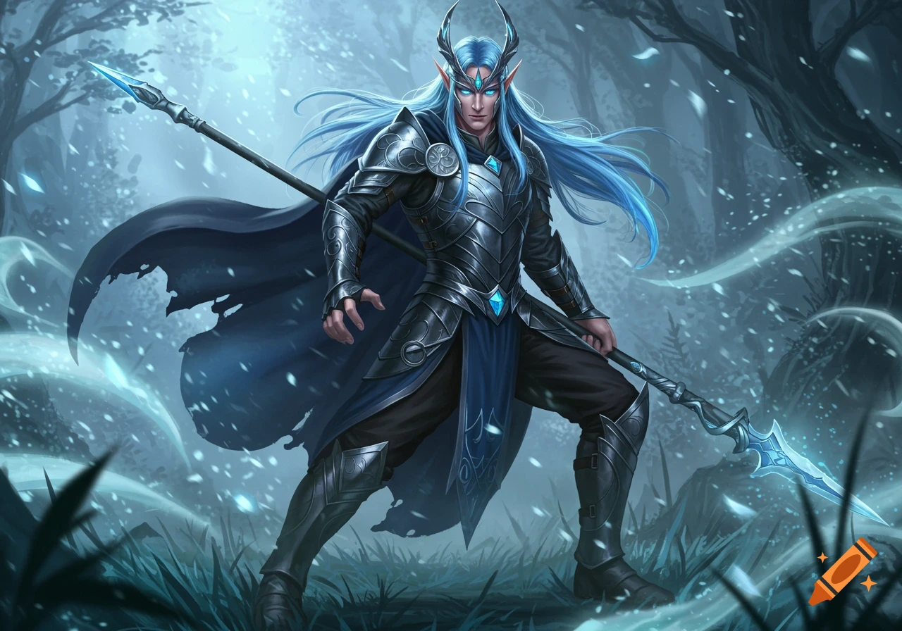 Blue-haired elven warrior in blue armor holding a spear, standing in a snowy forest.