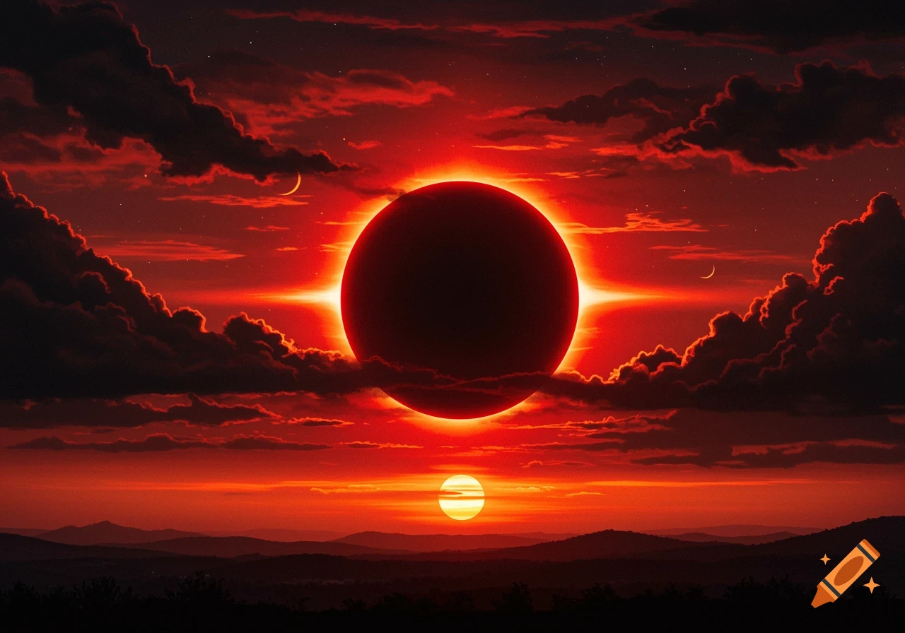 A dramatic red solar eclipse with a fiery corona dominates a mystical red, cloudy sky over silhouetted mountains, with a smaller sun near the horizon.