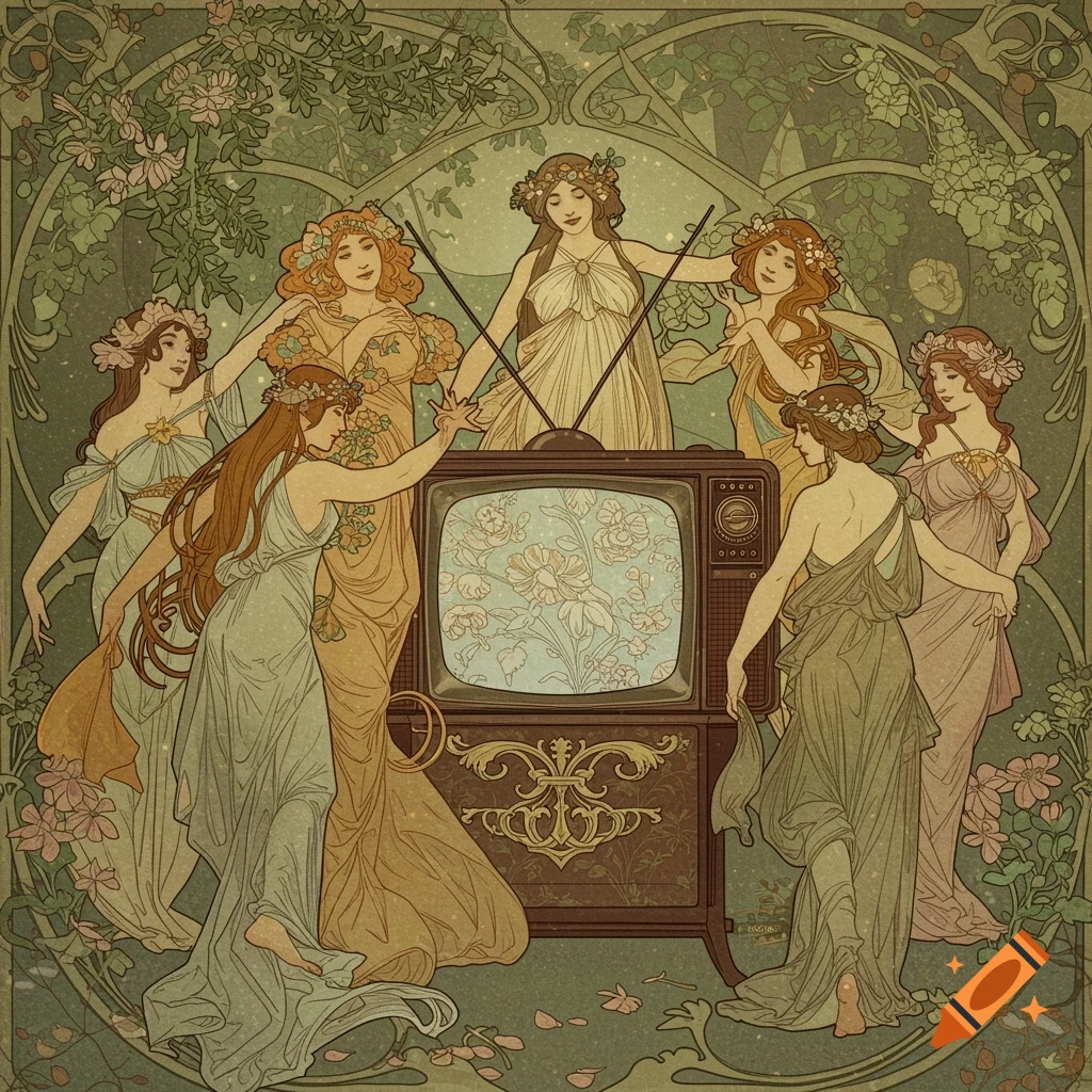 Seven graceful women, adorned with flowers, in flowing robes, gather around a vintage television set, in the ornate Art Nouveau style of Alphonse Mucha.