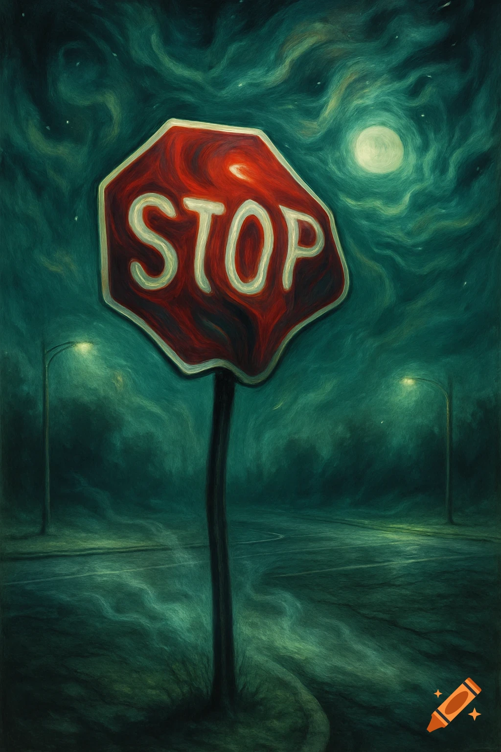 A distorted, painterly stop sign stands on a dark, stormy road under a full moon.