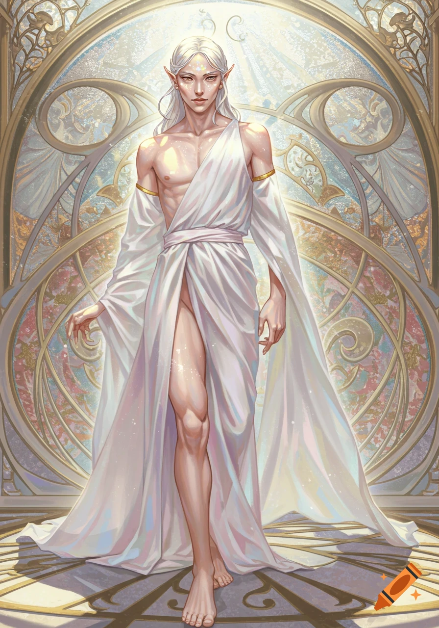 An elegant, androgynous elf in a flowing white robe stands before an ornate stained glass window, bathed in light.
