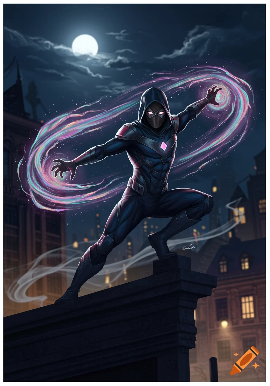 A masked superhero in a dark suit on a rooftop at night, conjuring swirling pink and blue energy in a comic art style.