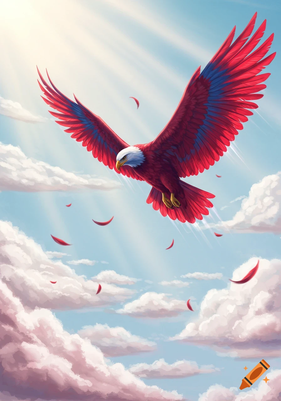 An artistic illustration of a majestic red and blue eagle soaring through a bright blue sky with clouds.