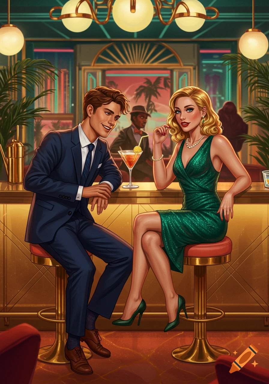 Illustration of a man and woman at an Art Deco bar, looking at each other. The woman wears a green dress and the man a suit.