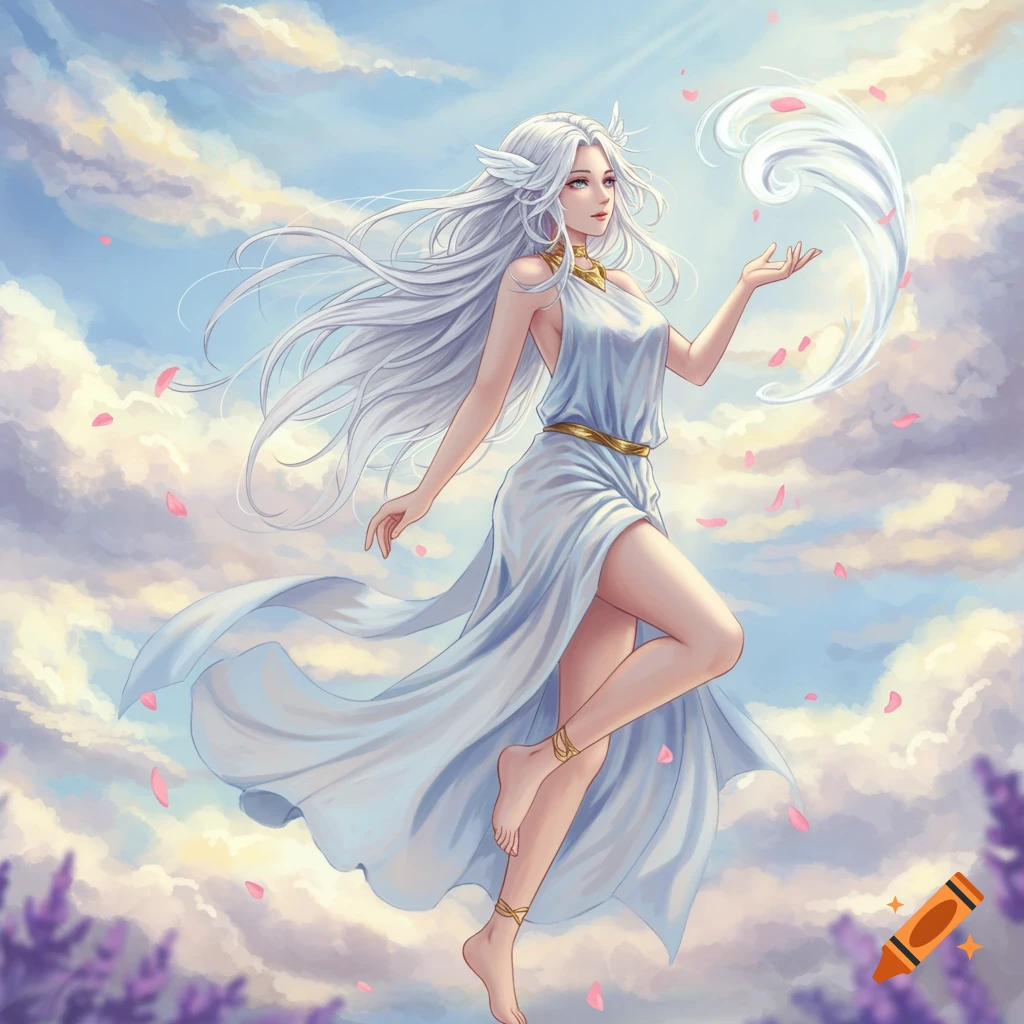 An anime-style female Greek god with long white hair and a white flowing dress floats in the sky among clouds and pink petals, manipulating wind.