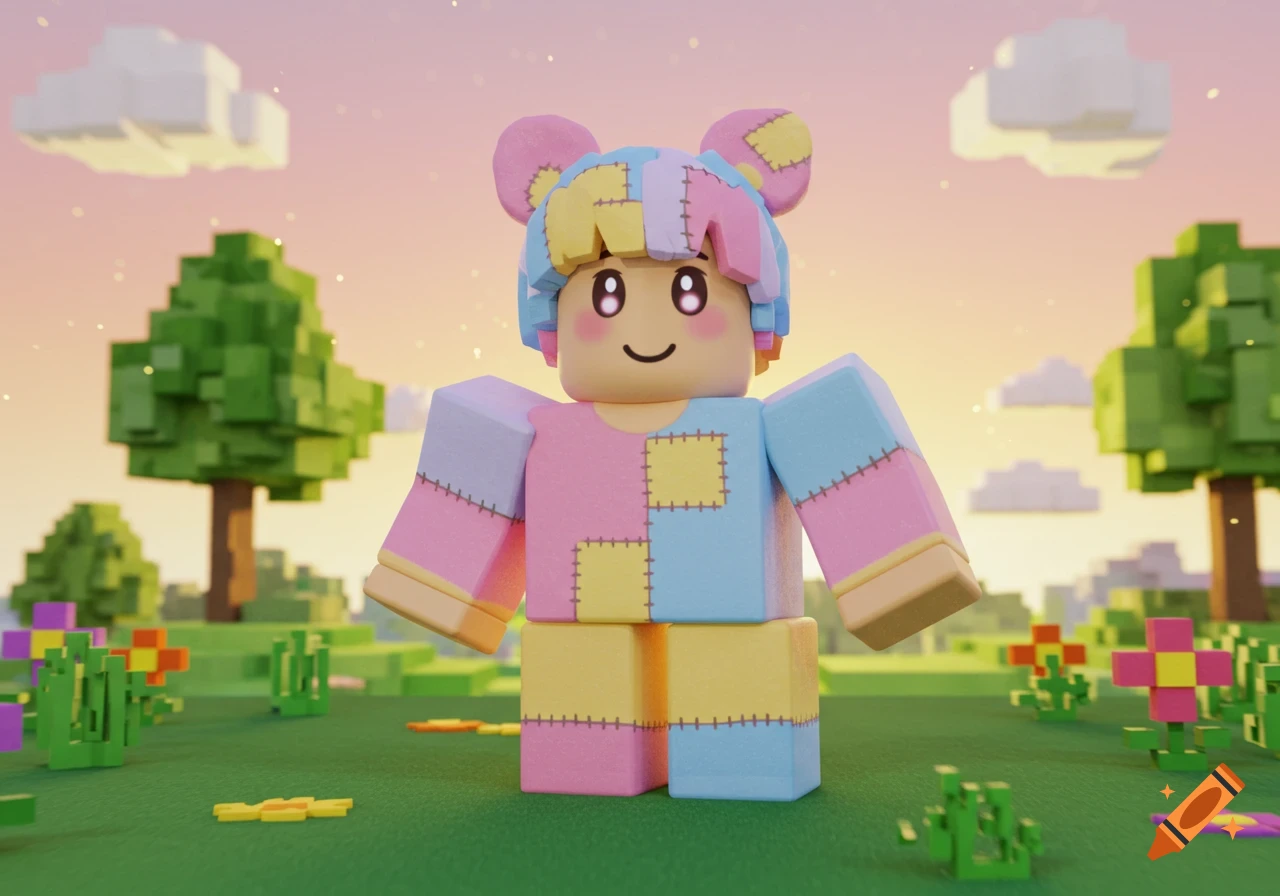A cute Roblox-style character in a patchwork outfit stands in a colorful, blocky Minecraft-like landscape at sunset.