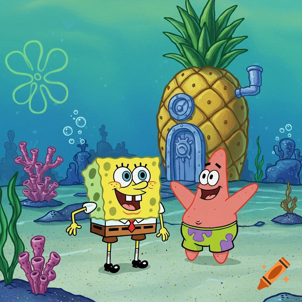 SpongeBob SquarePants and Patrick Star stand in front of a pineapple house in an underwater scene.