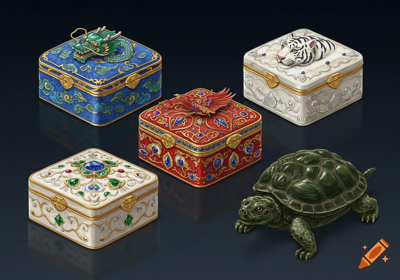 Four ornate trinket boxes with dragon, phoenix, and tiger designs, and a green turtle, against a dark background.