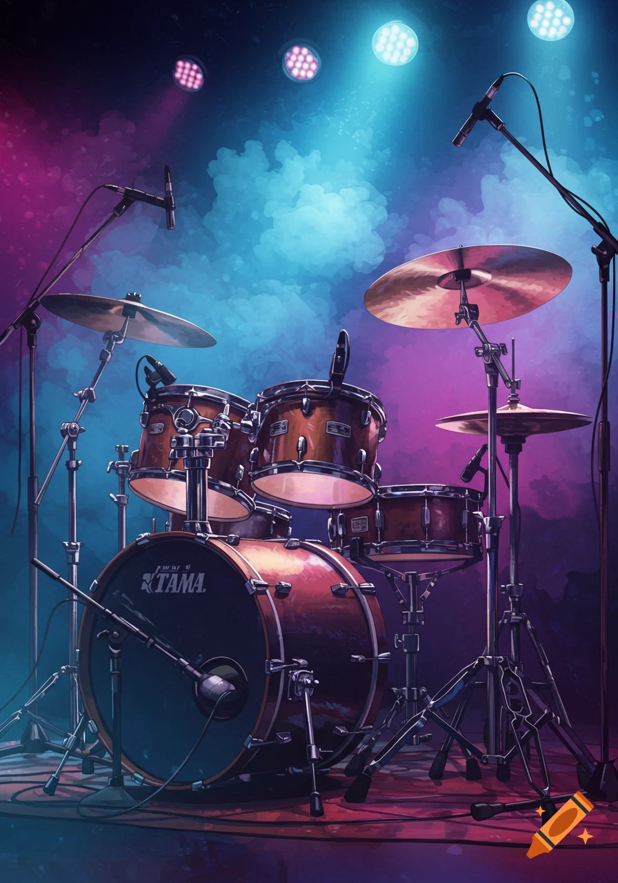 A drum set on a stage, illuminated by vibrant pink and blue stage lights.