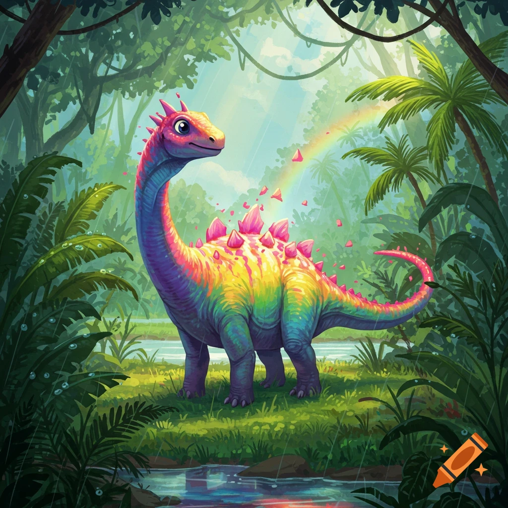 A colorful, rainbow-spiked dinosaur stands in a lush jungle with a stream and faint rainbow.