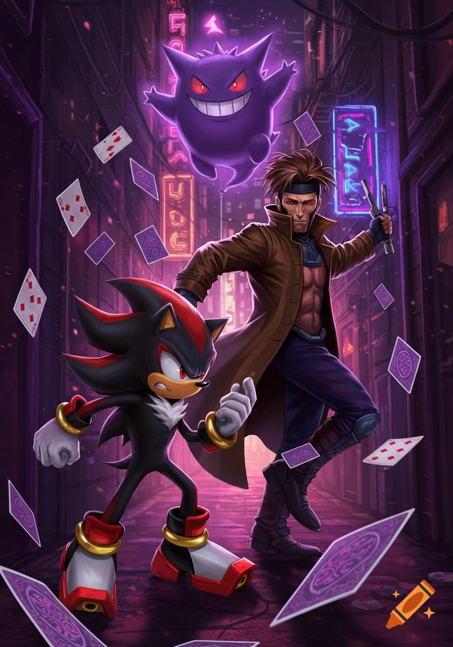 Shadow the Hedgehog and Gambit with playing cards and Gengar floating in a dark, neon-lit alley.