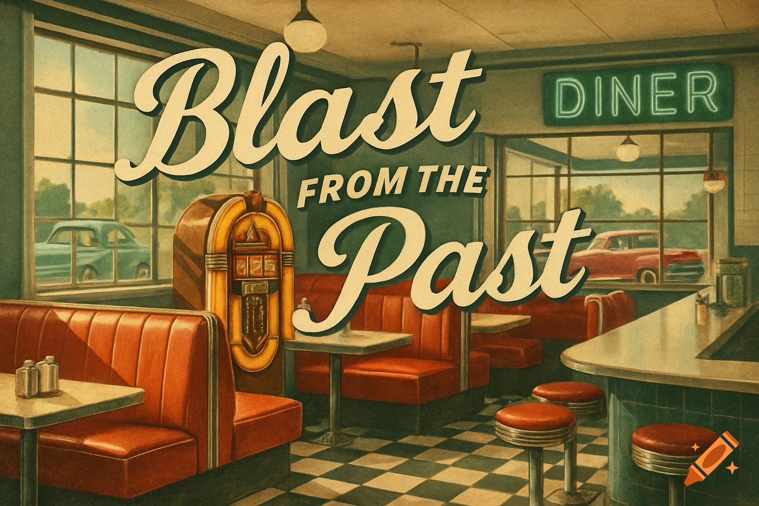 Vintage illustration of a retro diner interior with red booths and a jukebox, featuring 'Blast from the Past' text and a neon 'DINER' sign.