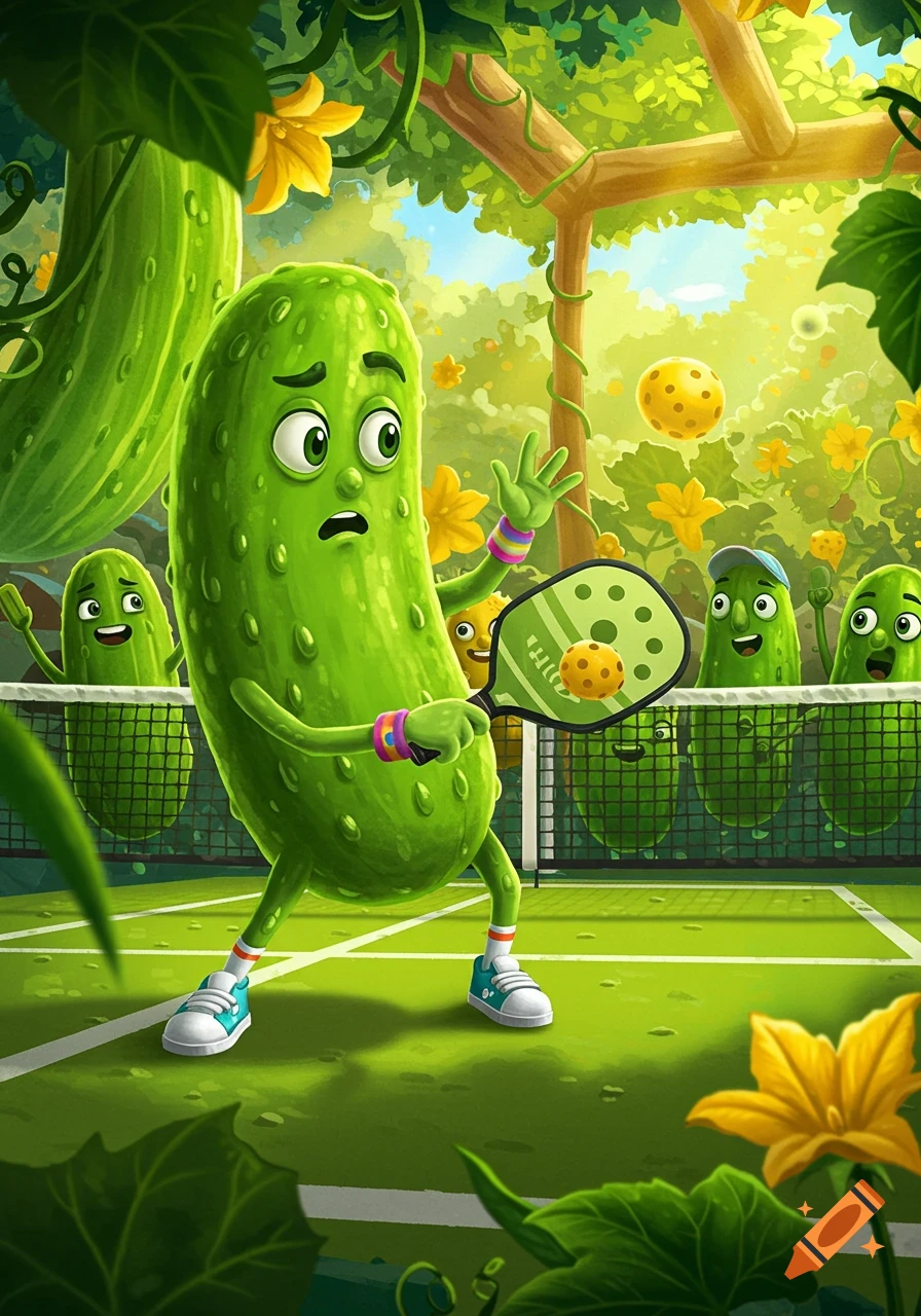 Vibrant cartoon pickles playing pickleball on a green court surrounded by pickle vines and yellow flowers.