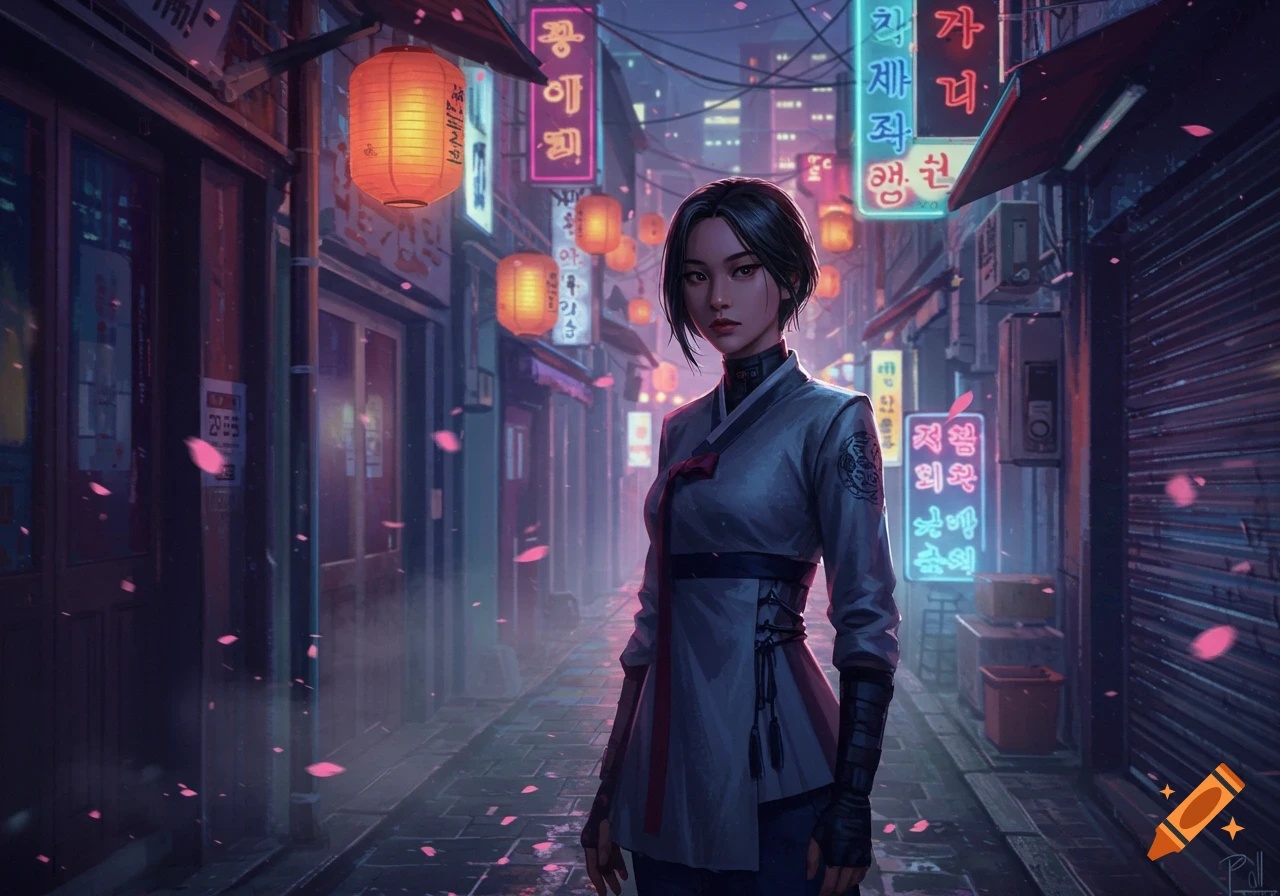 A woman in a grey traditional outfit stands in a neon-lit alleyway at night, with pink petals floating in the air.