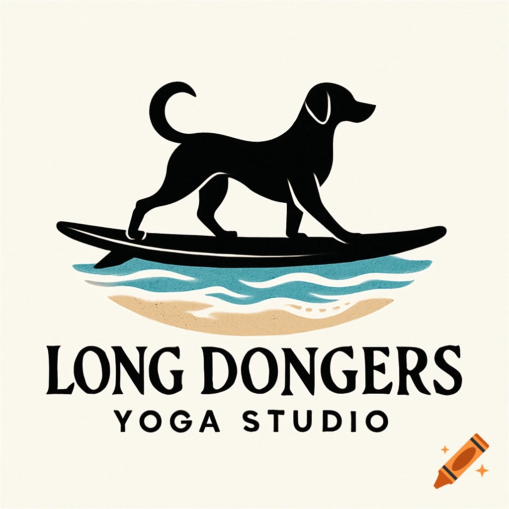 A black silhouette logo of a dog surfing on waves with text 'LONG DONGERS YOGA STUDIO' below it.