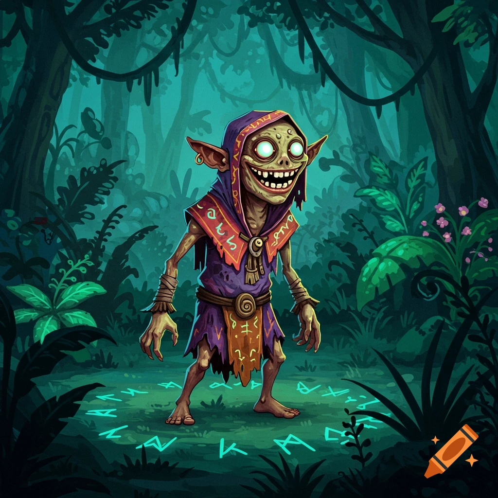 A cartoonish, mutated green-skinned cultist with large eyes and a wide grin, wearing purple and orange robes, stands in a dark jungle with glowing blue runes on the ground.