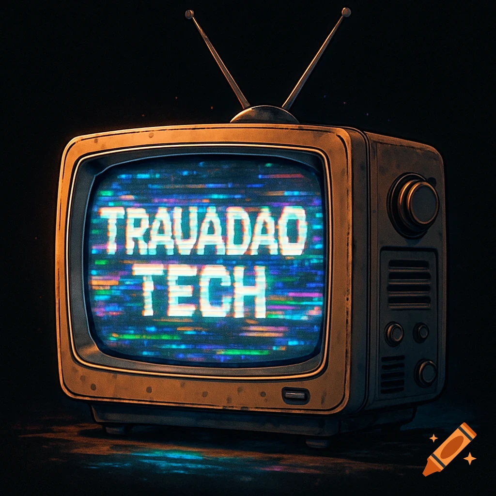 An old television with a glitching screen displaying 'TRAVADAO TECH' in anime style.