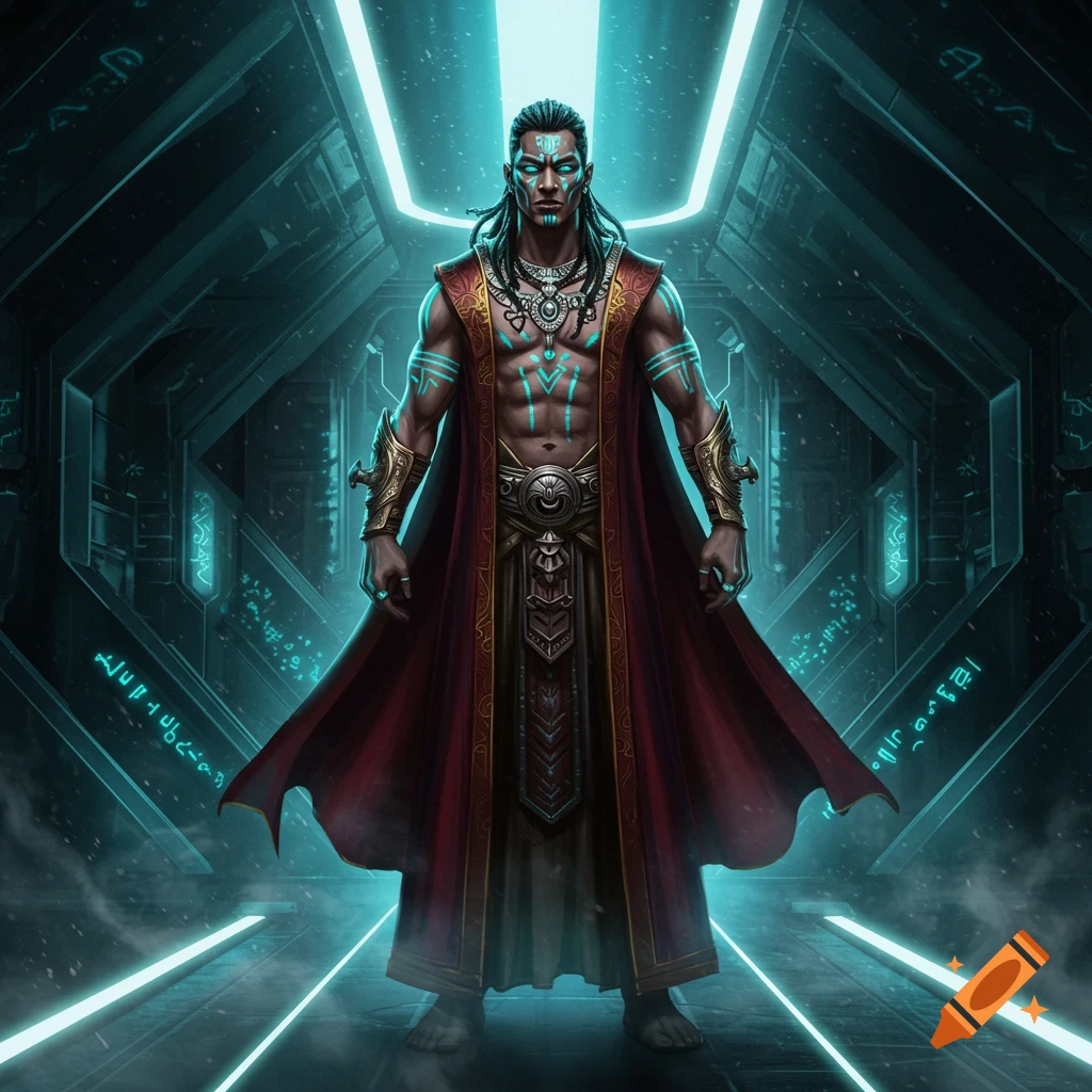 A powerful, muscular man with glowing blue tattoos and a red cloak stands in a futuristic, neon-lit corridor.