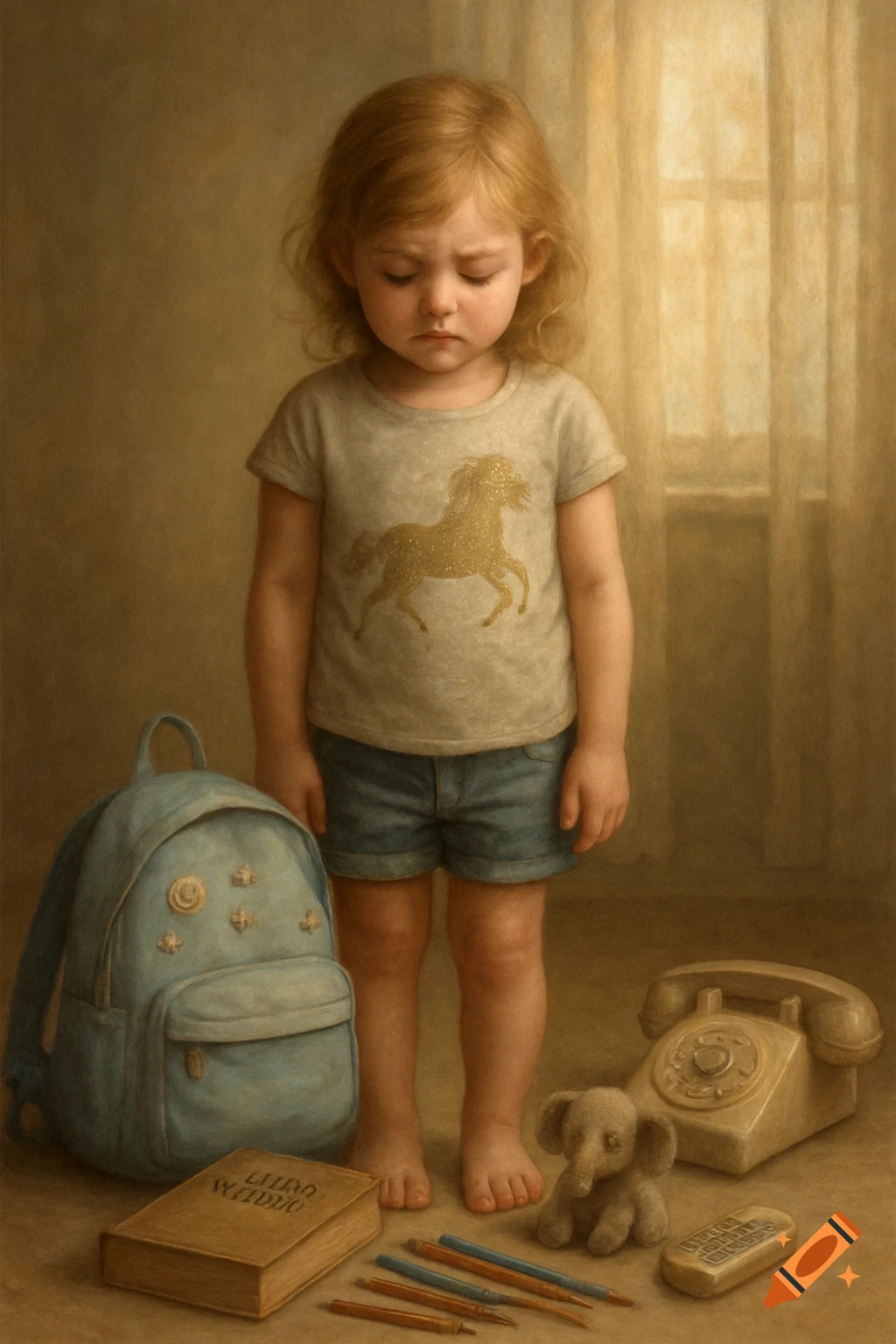 A sad blonde girl stands barefoot indoors. Around her feet are a blue backpack, a book, pencils, a stuffed elephant, and an old telephone.