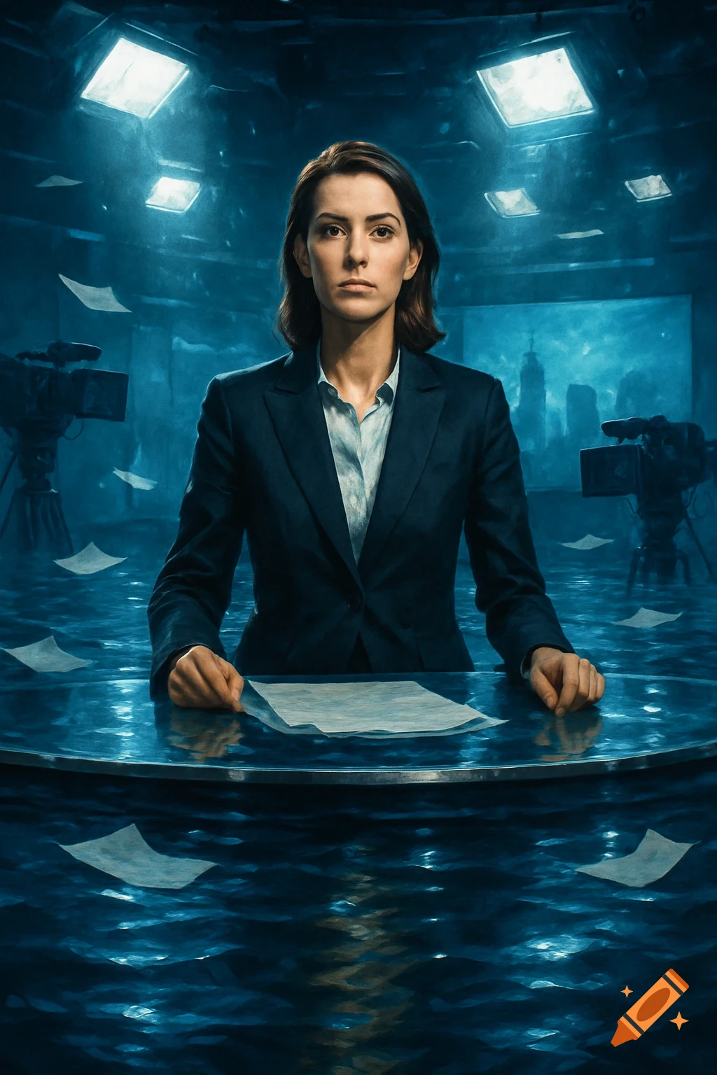 A female news presenter sits at a desk in a flooded TV studio, papers floating in the water around her. Photorealistic.
