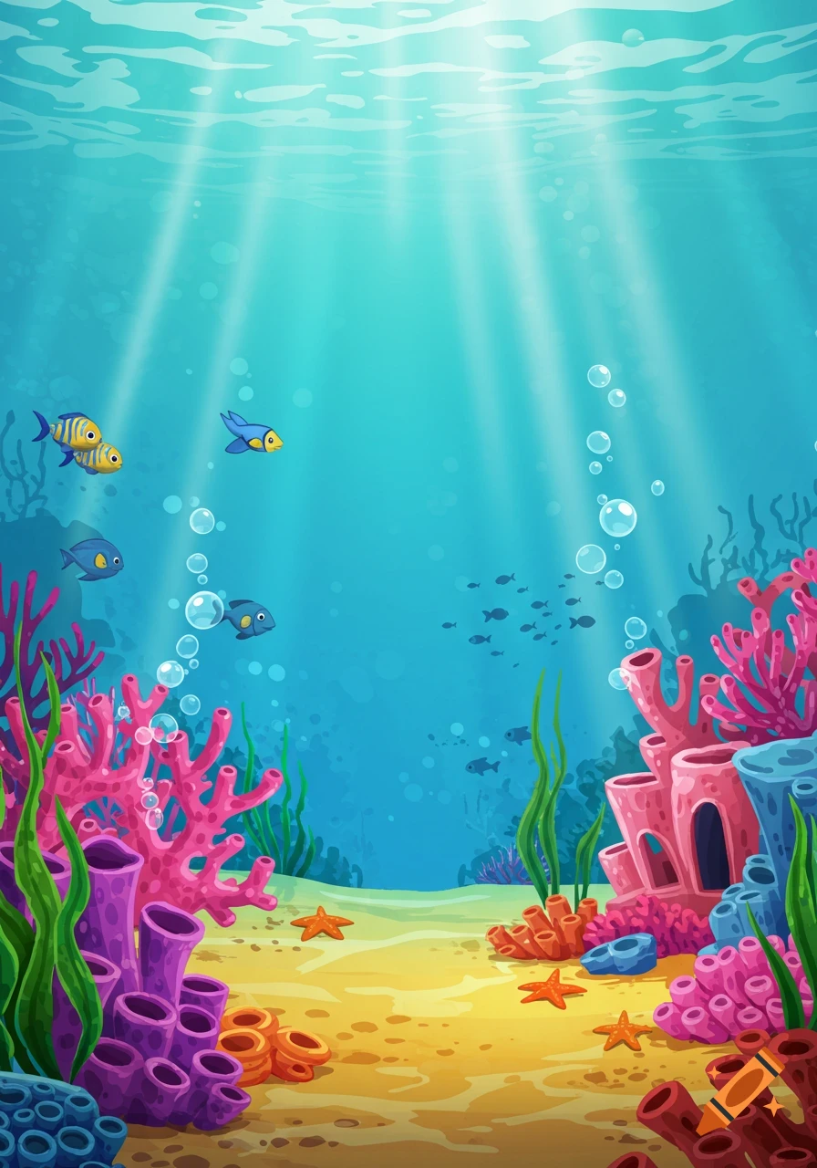 Vibrant cartoon illustration of an underwater scene with colorful coral, fish, sun rays, and bubbles.