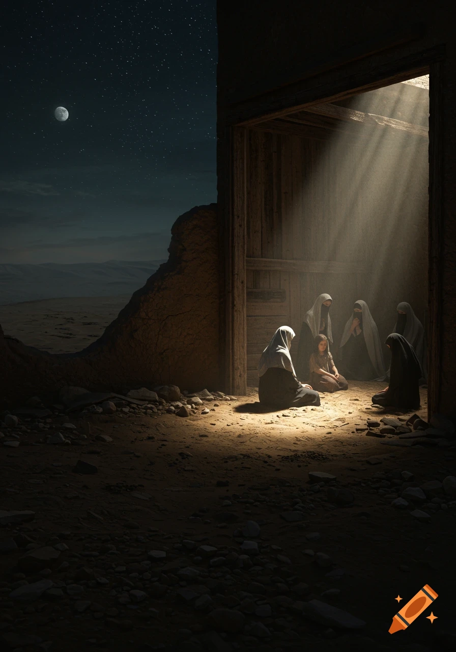 Veiled women and a child sit in a dark, moonlit ruin, illuminated by a single light beam in a desert landscape.