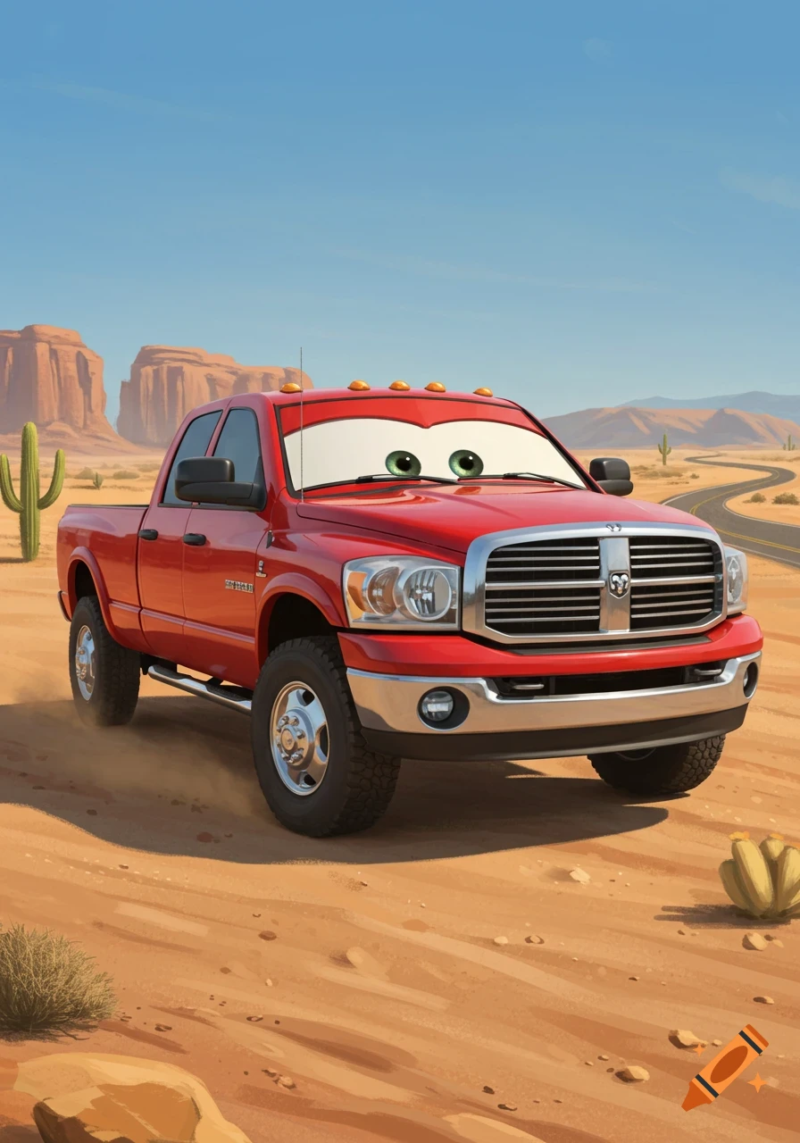 A red 2006 Dodge Ram Mega Cab 2500 pickup truck with cartoon eyes on its windshield, parked on a dirt road in a desert landscape with cacti and mesas.