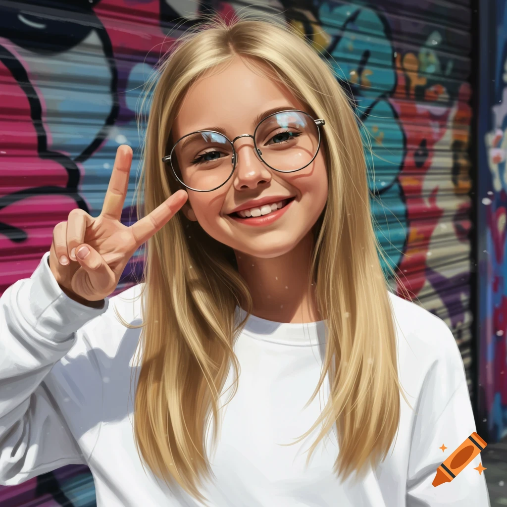 A smiling blonde girl with glasses makes a peace sign in front of a colorful graffiti wall.
