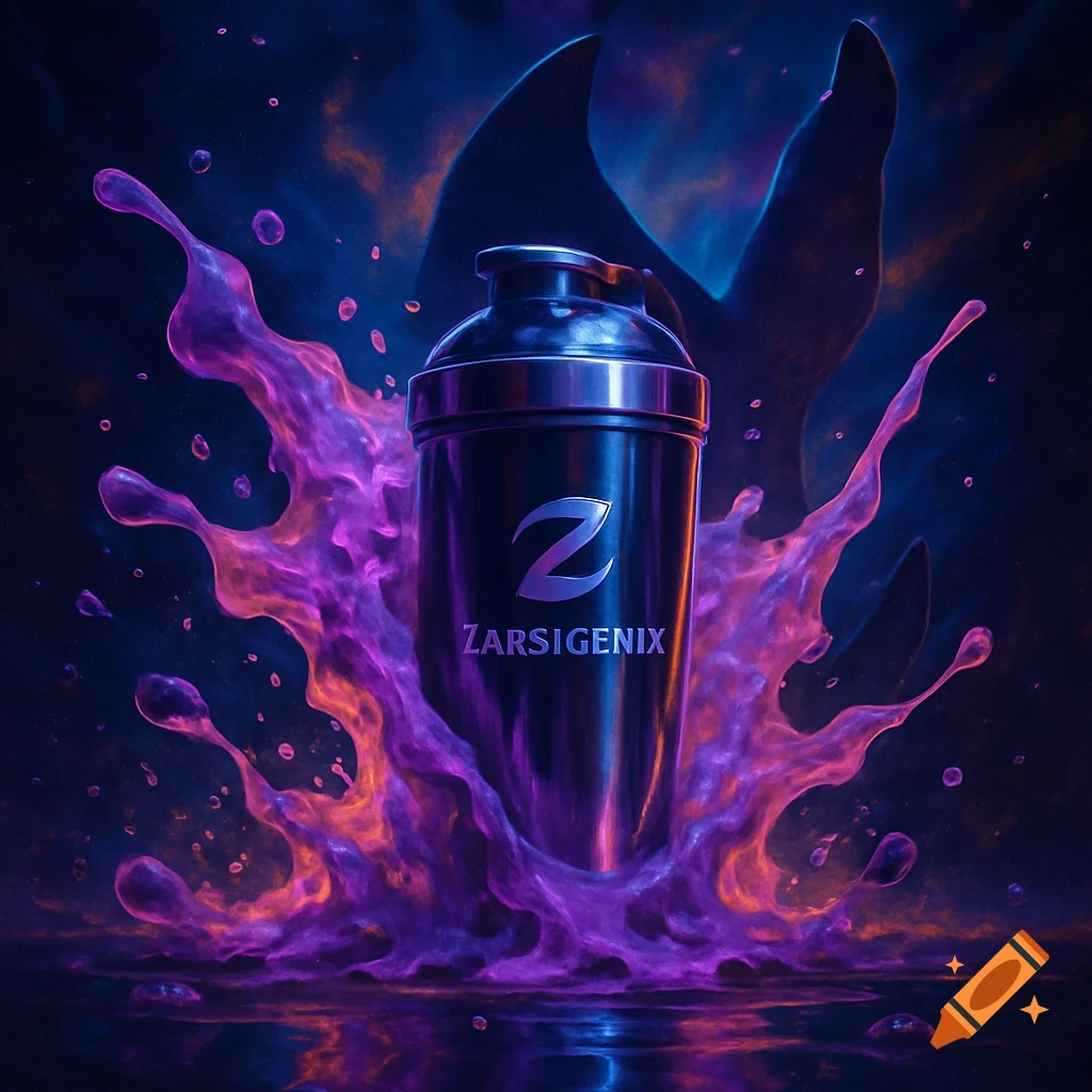 A black ZarsiGenix shaker bottle surrounded by glowing purple and orange liquid explosion, with a dark dorsal fin silhouette.