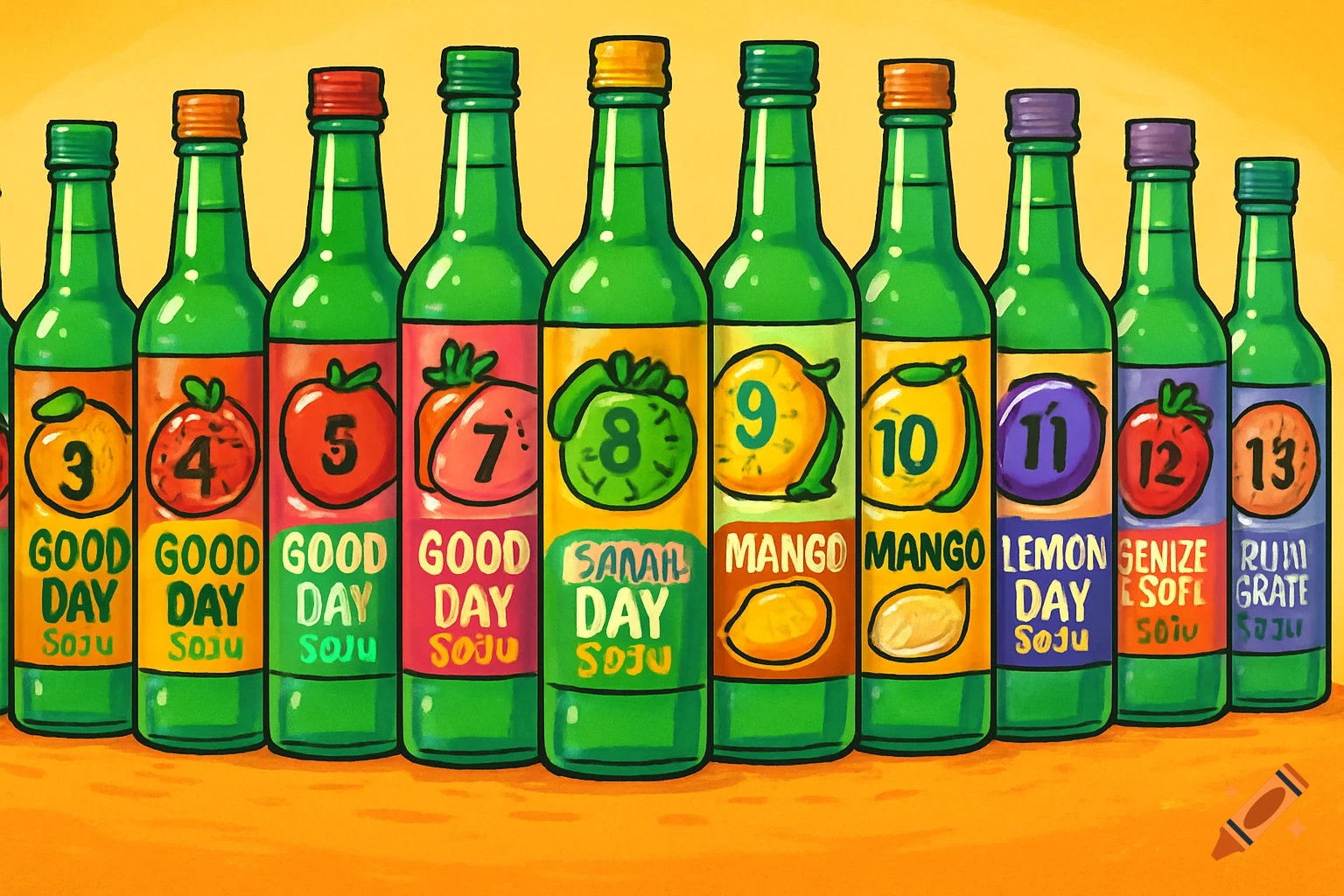 A colorful cartoon illustration depicts a line of green soju bottles with various fruit-themed labels and numbers. Most labels say 'GOOD DAY Soju', with others like 'MANGO' and 'LEMON DAY Soju' also visible.