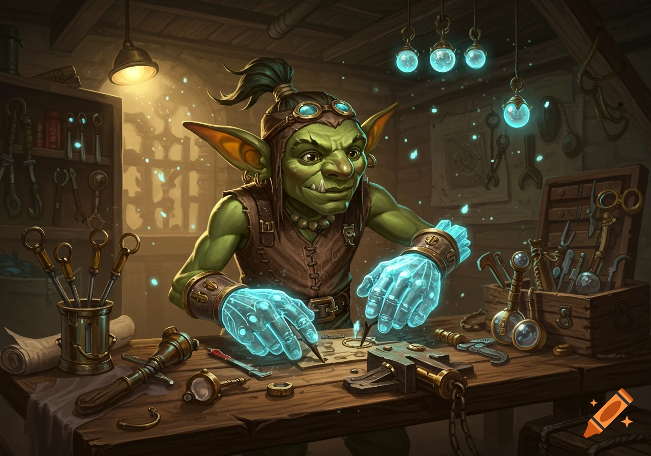 A fantasy goblin artificer with glowing blue hands works on intricate devices in a cluttered workshop.