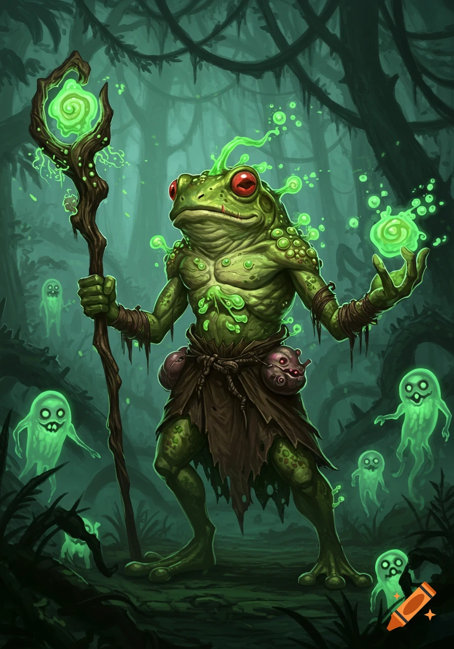 A green, muscular frog creature with red eyes, glowing green spores, holding a staff in a dark forest with green ghosts.