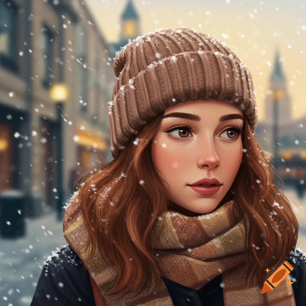 Illustrated portrait of a young woman in a brown knit hat and plaid scarf, standing in falling snow.