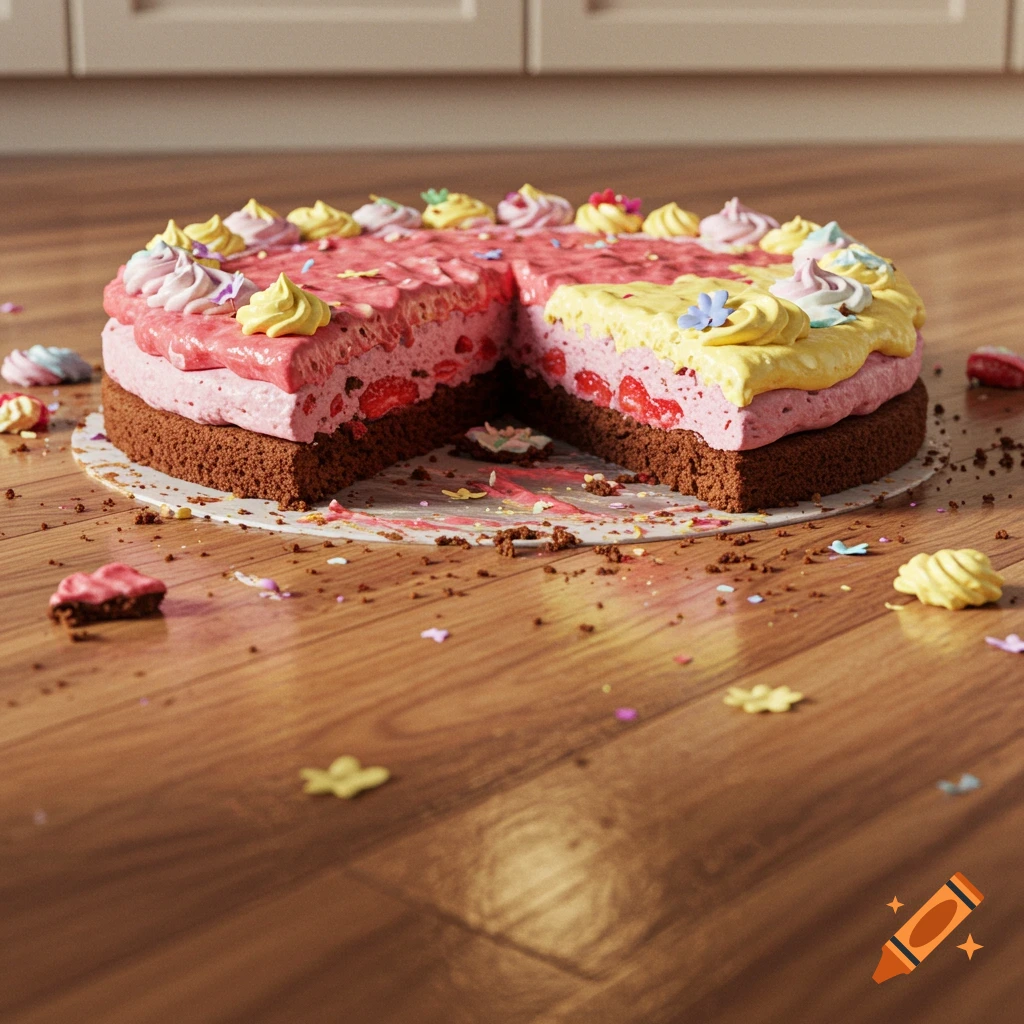 A large, colorful cake with pink and yellow frosting, a slice removed, lies on a wooden floor amidst crumbs and small candies.